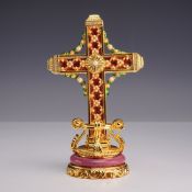 Faberge Rose Trellis Enamel and Pearl-Set Standing Cross with Stand