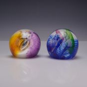 2pc Caithness Scotland Art Glass Paperweights, Fiesta and Neon