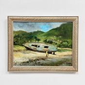 Joseph Sherly Sheppard (American, b. 1930) Oil on Board, Tropical Coastal Scene with Beached Boat