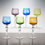 Set of 6 Colored Bohemian Cut-to-Clear Crystal Wine Glasses in the Traube Pattern