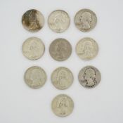 10pc Collection of US Washington Quarter Dollars, 90% Silver and Clad, 1945-1965