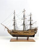 Historic Three Mast Handcrafted Wooden Sailing Ship Model Affixed to Base