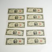 Ten 1953, 1963 & 1963A US Two Dollars Red Seal Notes