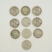 A Collection of Ten US 90% Silver Half Dollars, 1899-1963