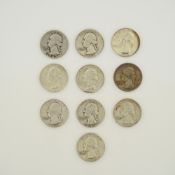 Ten US 90% Silver Washington Quarters Mixed Dates 1943-1964