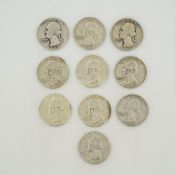10pc Collection of US Silver Washington Quarters, 1934-1964