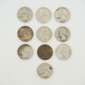 10pc Collection of US Washington Silver Quarters, 1936-1964