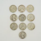 10pc Collection of US Silver Washington and Standing Liberty Quarters
