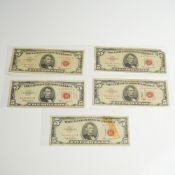 Five 1963 US Five Dollars Red Seal Notes
