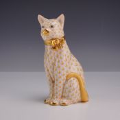 Herend Hungary Butterscotch Yellow Fishnet Pattern Cat Figurine