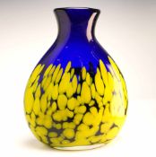 Makora Krosno Hand-Blown Cobalt Blue and Yellow Spatter Art Glass Vase