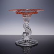 Two-Tone Pink and Clear Pressed Glass Dolphin Pedestal Compote