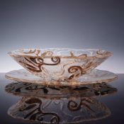 Two-Piece Art Glass Bowl and Platter Set with Gold Leaf Vine Design
