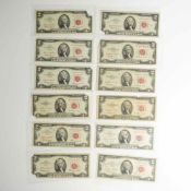 Eleven 1953, 1963 and 1963A US Two Dollars Red Seal Notes