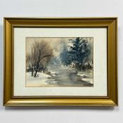 P. Buchanan (20th Century), Winter Stream Landscape, Original Watercolor Painting, 1981