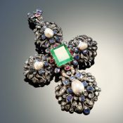 Late 17th C. Antique Comtesse de Comminges Iberian Silver Cross Brooch with Emeralds and Sapphires