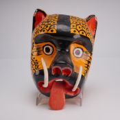 Mexican Folk Art Carved Wooden Jaguar Animal Mask