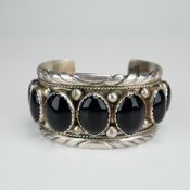 Navajo Lester Ortiz Sterling Silver and Black Onyx Cuff Bracelet