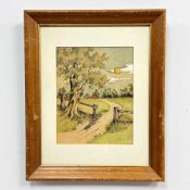 J. Western, Original Ink and Watercolor Landscape Painting, 1910