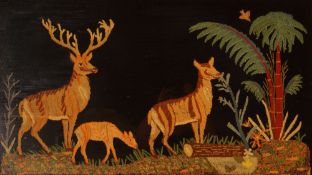 Wool Needlework Shadow Box Deer Family in Palm Tree Forest