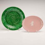 Two-Piece Wedgwood Plates including Pink and White Jasperware Oval Dish and Green Majolica Leaf Plat