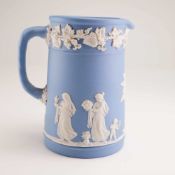 Wedgwood Blue Jasperware Creamer Jug with Neoclassical Figures and Grapevine Border