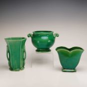 Three-Piece McCoy Green Glazed Pottery Grouping Including Two Vases and a Cachepot