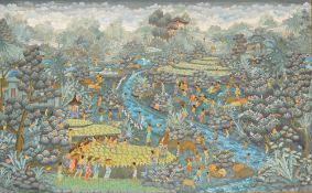 M.D. Pancir, Balinese Painting, Harvest & River Village Scene, Signed
