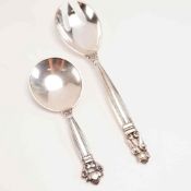 2pc George Jensen Sterling Silver Sugar Spoon and Spork, Acorn