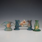 3pc Roseville Pottery Flower Frog, Vase, and Candlestick