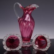 Three Piece Victorian Style Cranberry Art Glass Pitcher and Two Trumpets