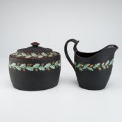 Set of Wedgwood Enameled Black Basalt Capri Ware Sugar Bowl and Creamer