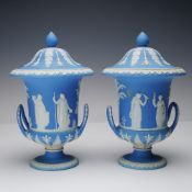 Pair of Wedgwood Jasperware Light Blue Lidded Vases