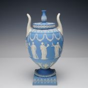 Wedgwood Jasperware Light Blue Vase and Cover, Apollo and The Nine Muses