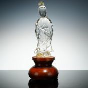 Chinese Crystal Guanyin Figurine on Wooden Stand