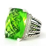 David Yurman Sterling Silver Peridot and Diamond Large Wheaton Ring