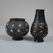 2pc Wedgwood Black Jasperware Foliate Motif Vases