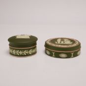 Two Wedgwood Olive Green Jasperware Lidded Boxes from the Rubin Collection