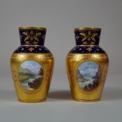 2pc Wedgwood Gilded Porcelain Small Landscapes Vases, Falls of the Inn St. Moritz and Mer De Glace M