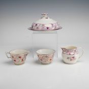 4pc Wedgwood Strawberry Lustre Open Sugar, Two Creamers, and Round Covered Butter Dish