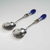 A Set of Two Atkin Brothers Silver-Plated Serving Spoons with Wedgwood Jasperware Handles