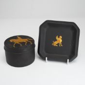 2pc Wedgwood Black Basalt and Gilded Stoneware Jubilee Box and Egyptian Square Tray