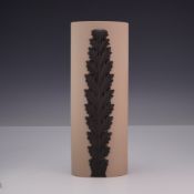 Wedgwood Taupe Stoneware Oval Cylinder Vase with Black Acanthus Leaf Sprigging