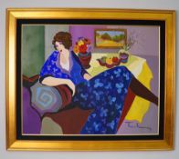 Izchak Tarkay (Israeli, 1935-2012), Acrylic on Canvas, Blue Maxi Dress