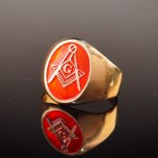 10 Karat Yellow Gold Masonic Signet Ring with Red Guilloche Enamel