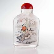 Inside Painted Glass Snuff Bottle, Mandarin Ducks and Cranes