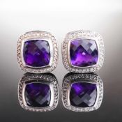 Pair of David Yurman Sterling Silver Amethyst and Diamond Albion Earrings