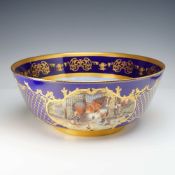 Coalport Cobalt Blue and Gilded Bone China Bowl with Hand-Painted Equestrian Scenes