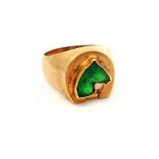 18K Yellow Gold Horseshoe Ring with Carved Rough Cut Emerald Horse Bust Motif