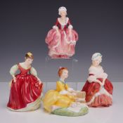 Four Royal Doulton Figurines Including Fair Maiden, Goody Two Shoes, Picnic, and Peggy
